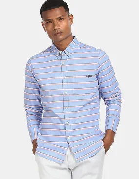 Aeropostale Men Light Blue Striped Cotton Casual Shirt