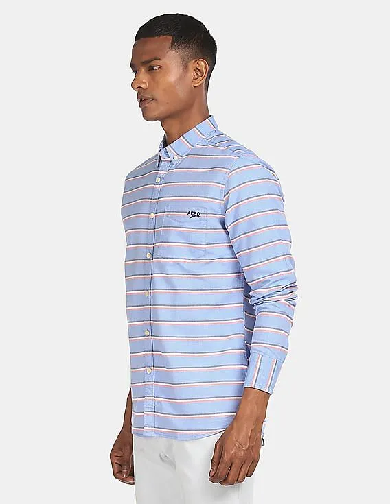 Aeropostale Men Light Blue Striped Cotton Casual Shirt