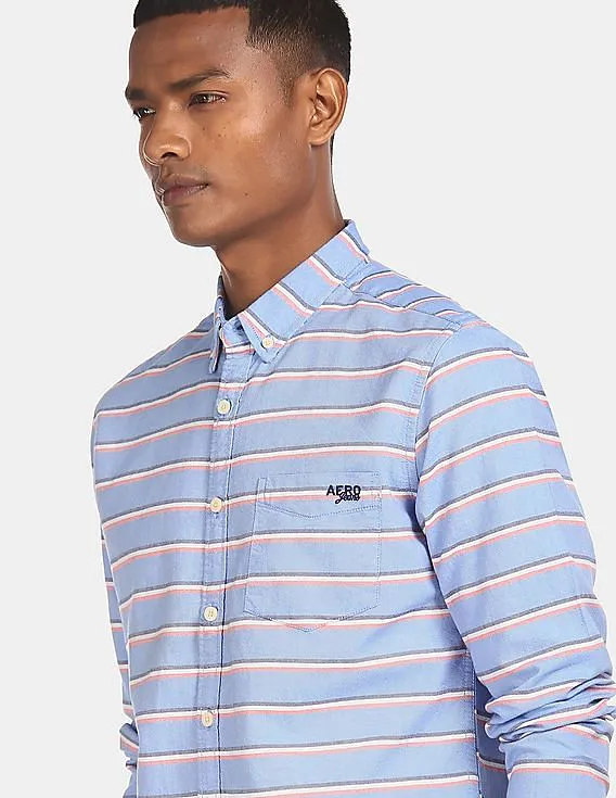 Aeropostale Men Light Blue Striped Cotton Casual Shirt