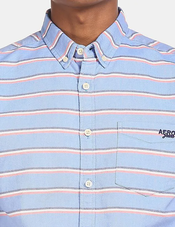 Aeropostale Men Light Blue Striped Cotton Casual Shirt