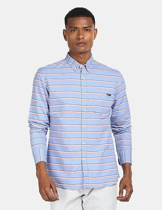 Aeropostale Men Light Blue Striped Cotton Casual Shirt