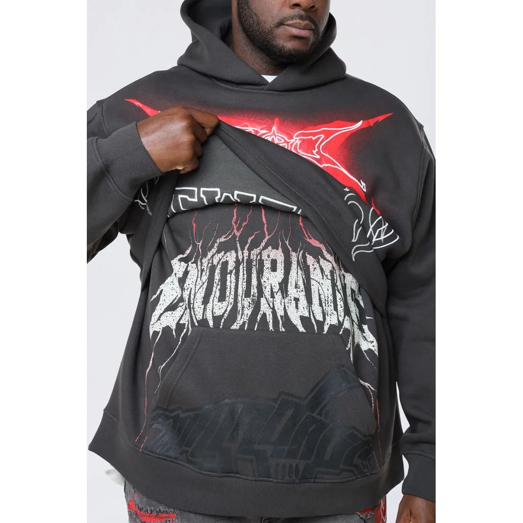 Big and Tall - Dropped Shoulder 2-Fer Dystopian Hoodie - Graphite