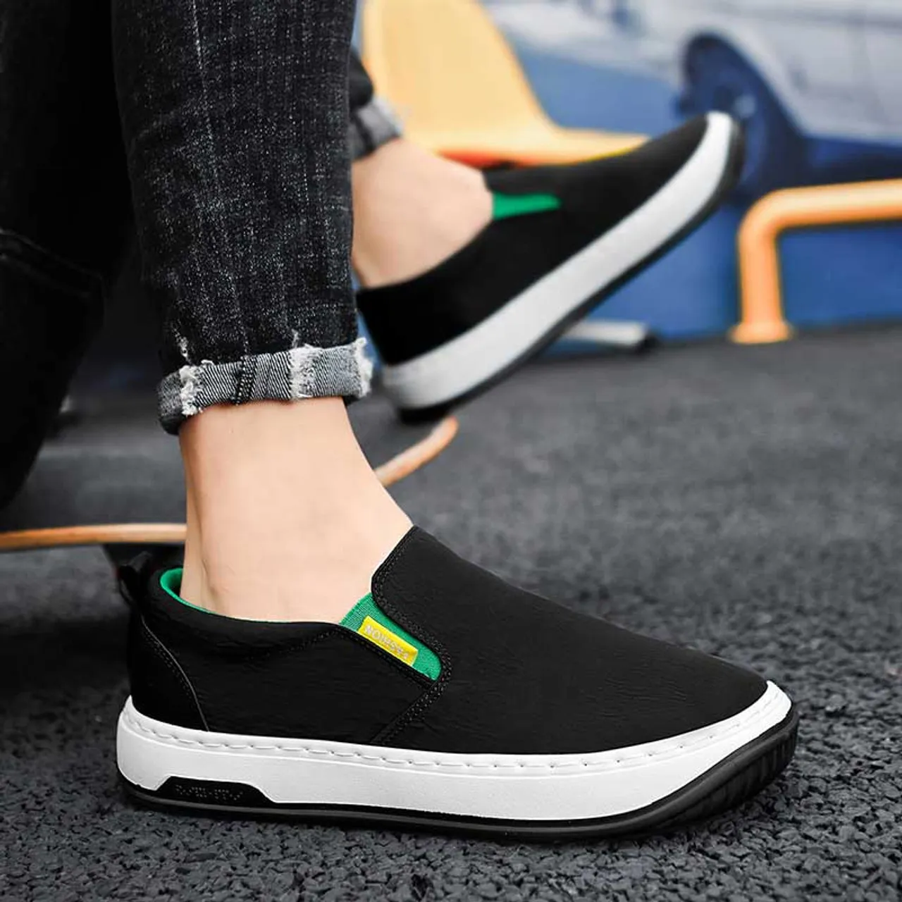 Black casual canvas slip on shoe loafer