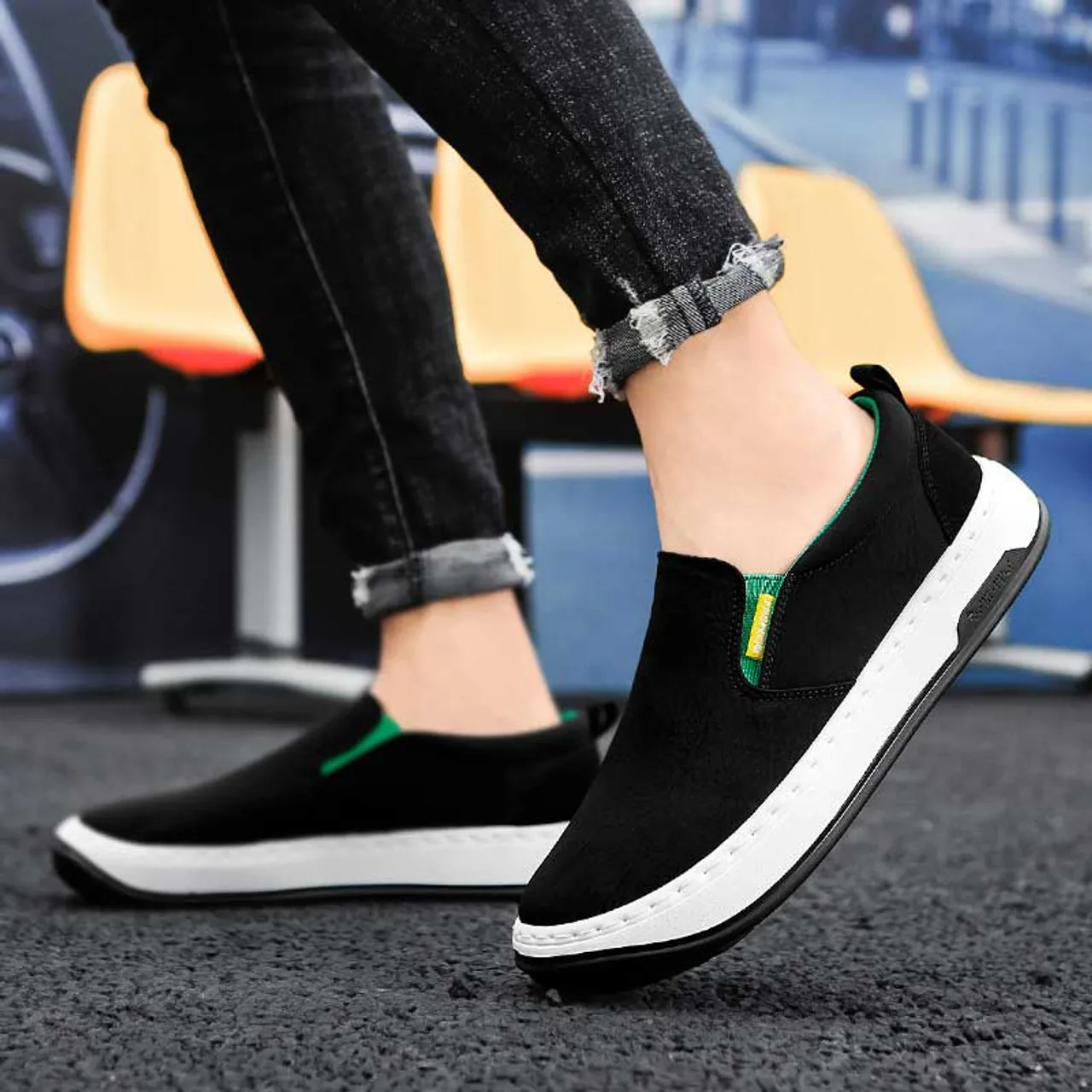 Black casual canvas slip on shoe loafer