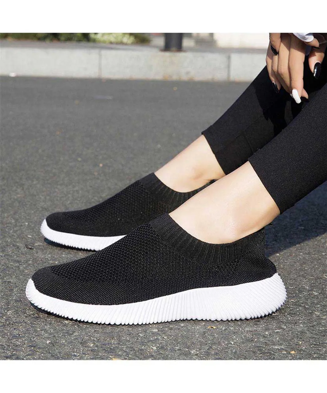 Black casual flyknit plain slip on shoe sneaker