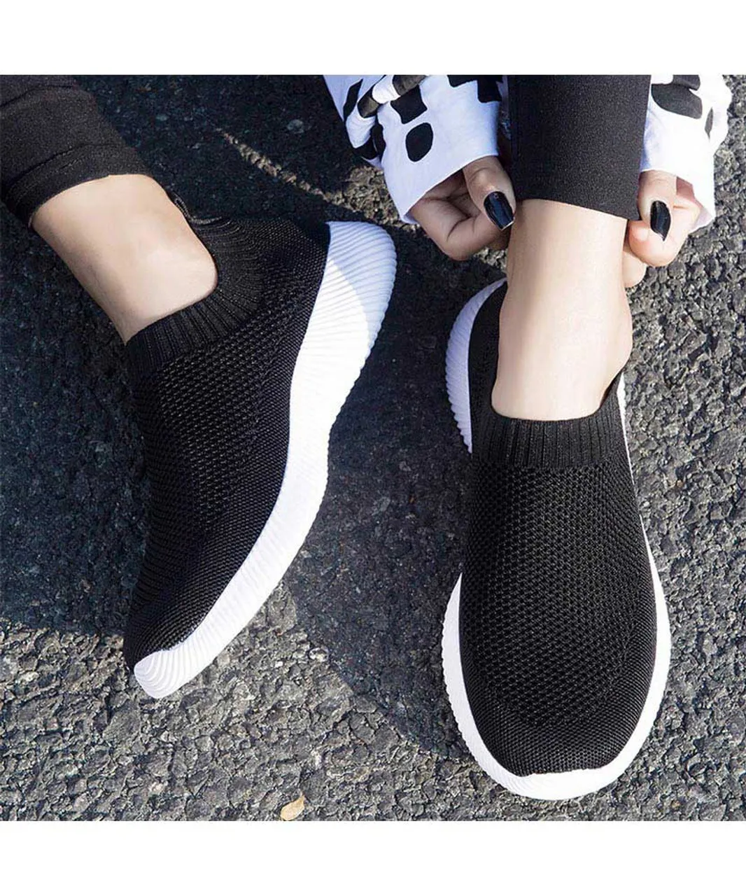 Black casual flyknit plain slip on shoe sneaker