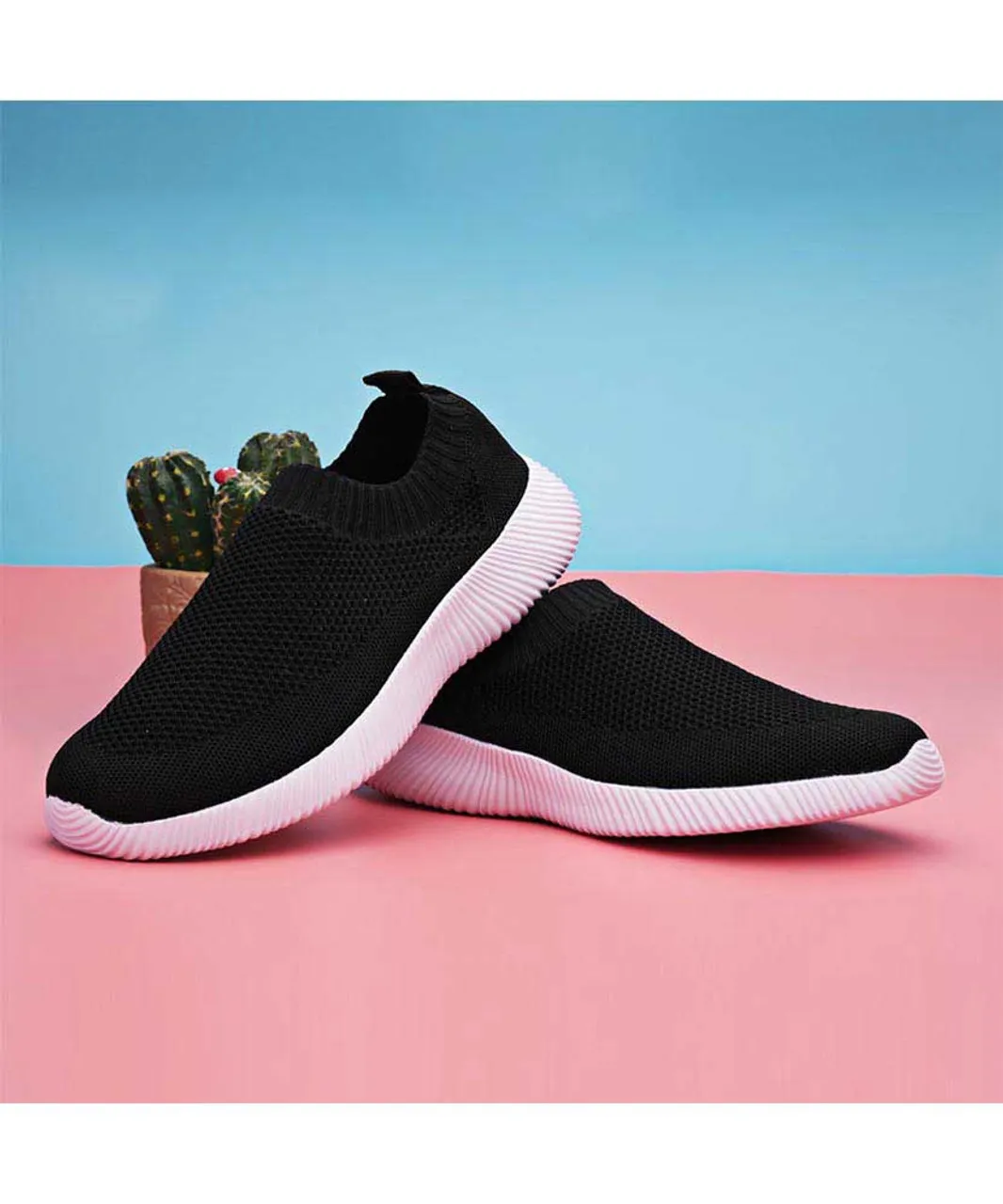 Black casual flyknit plain slip on shoe sneaker