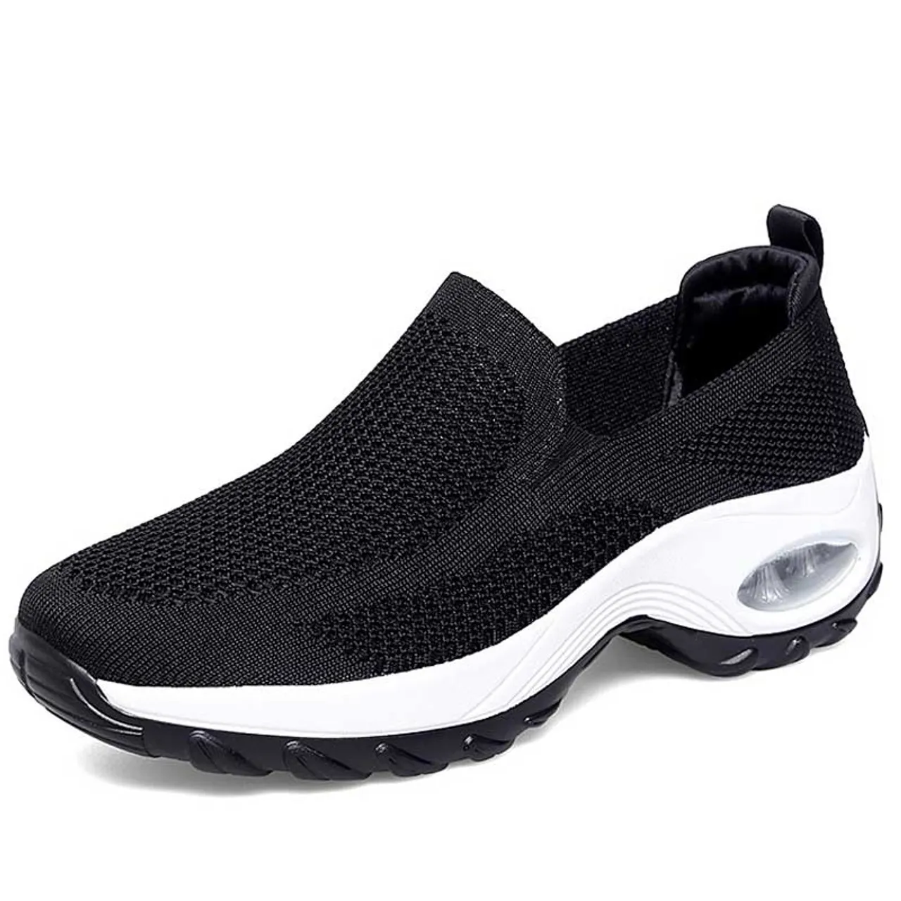 Black casual flyknit slip on double rocker bottom sneaker