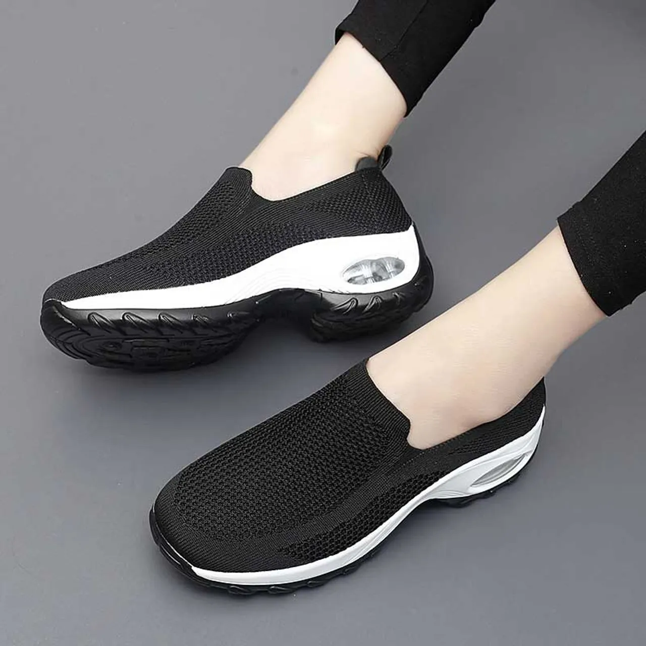 Black casual flyknit slip on double rocker bottom sneaker