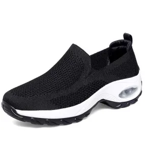 Black casual flyknit slip on double rocker bottom sneaker