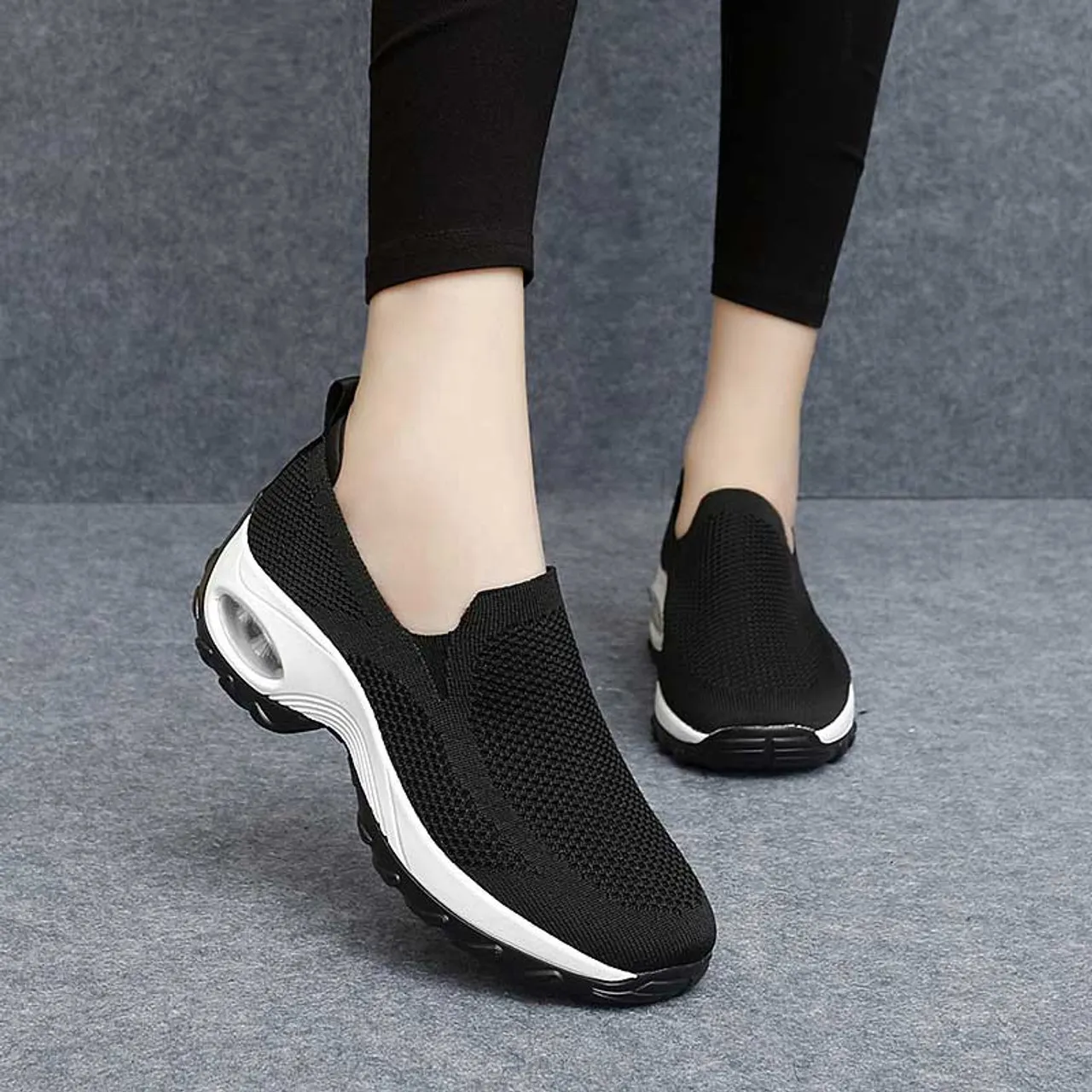 Black casual flyknit slip on double rocker bottom sneaker