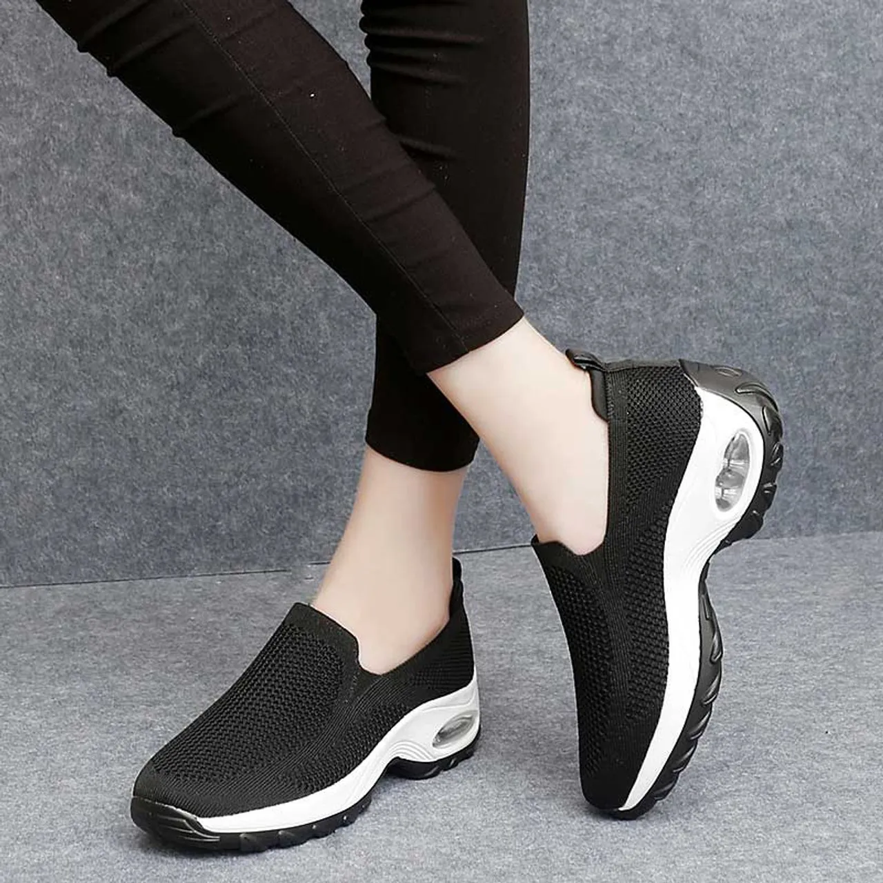 Black casual flyknit slip on double rocker bottom sneaker