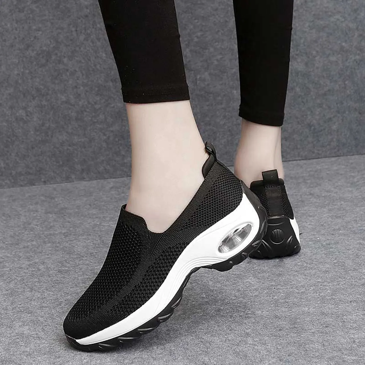 Black casual flyknit slip on double rocker bottom sneaker