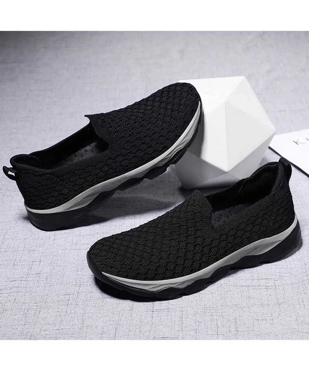 Black check texture casual slip on shoe sneaker