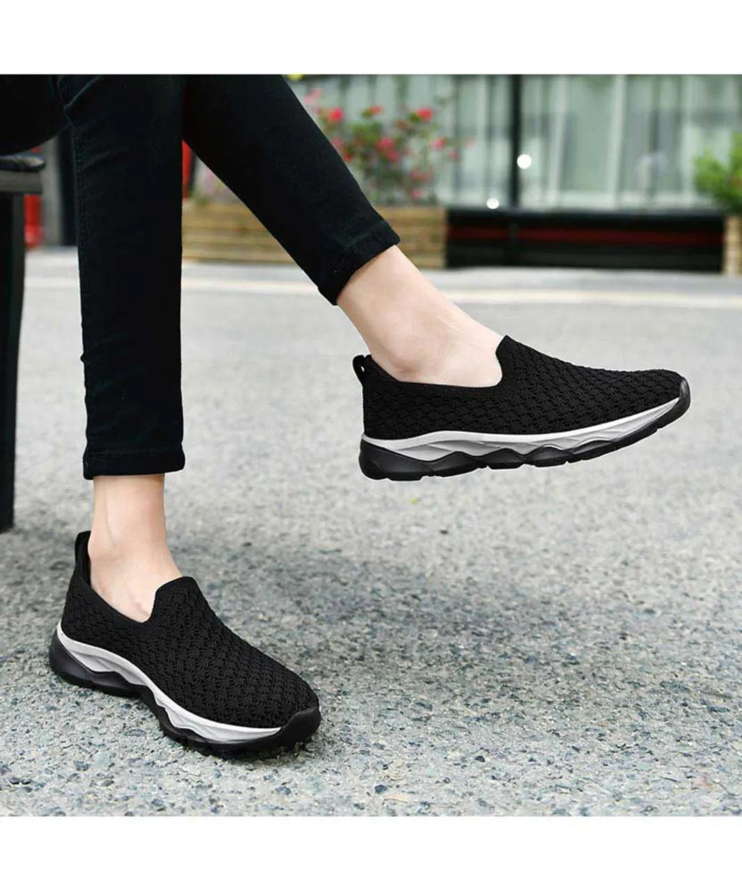 Black check texture casual slip on shoe sneaker