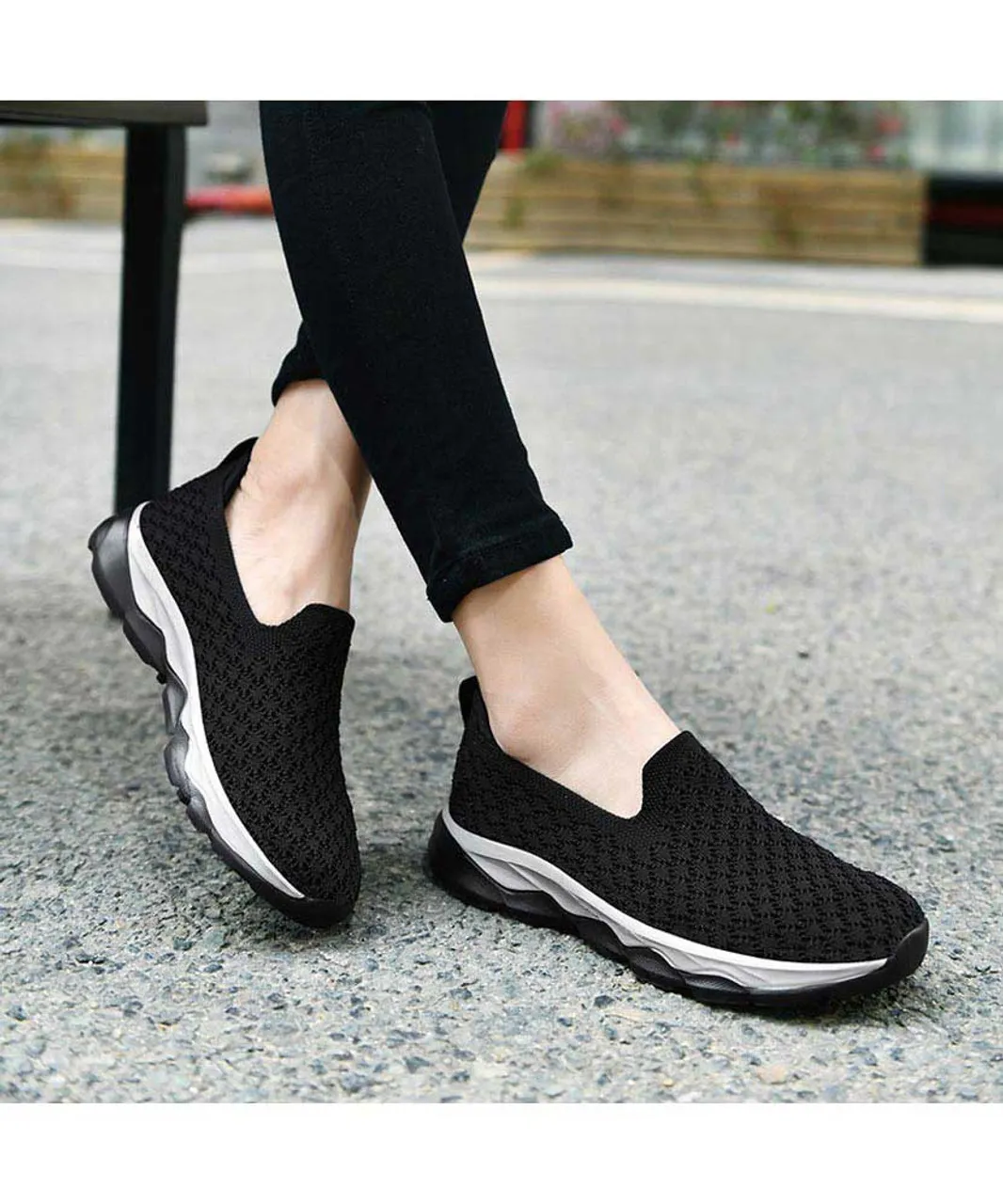 Black check texture casual slip on shoe sneaker