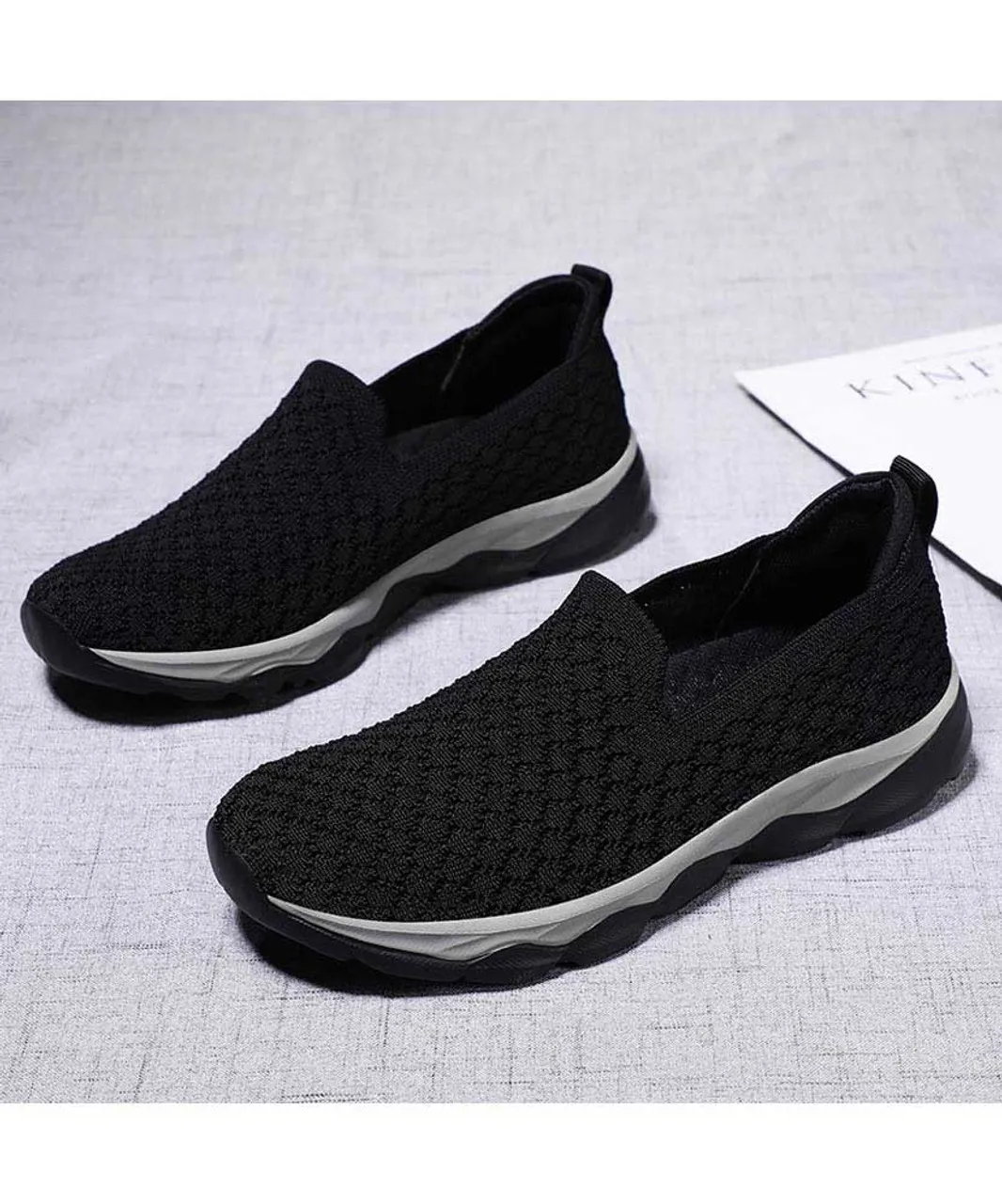 Black check texture casual slip on shoe sneaker