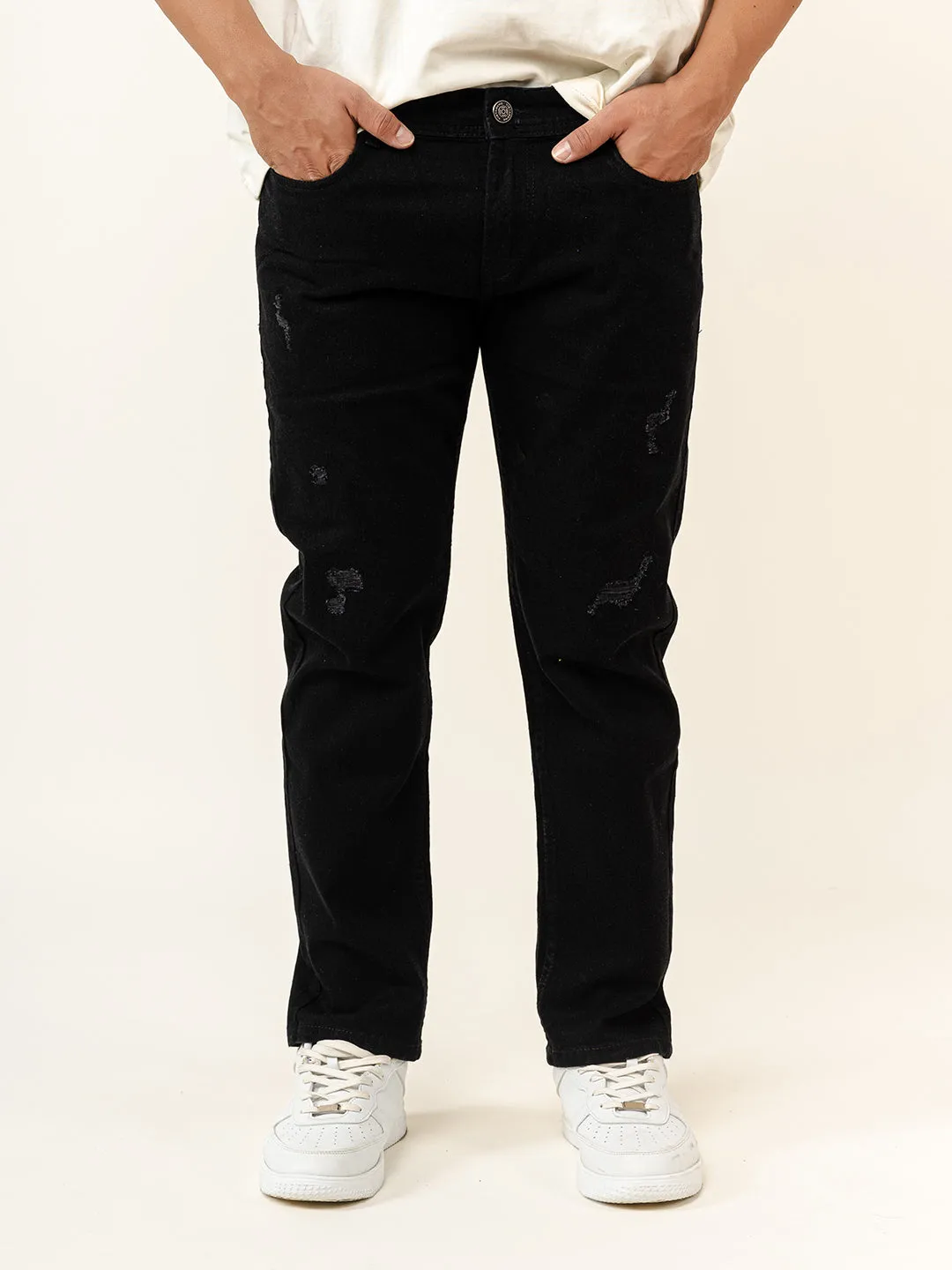 Black Distressed Loose Ankle Mens Jeans