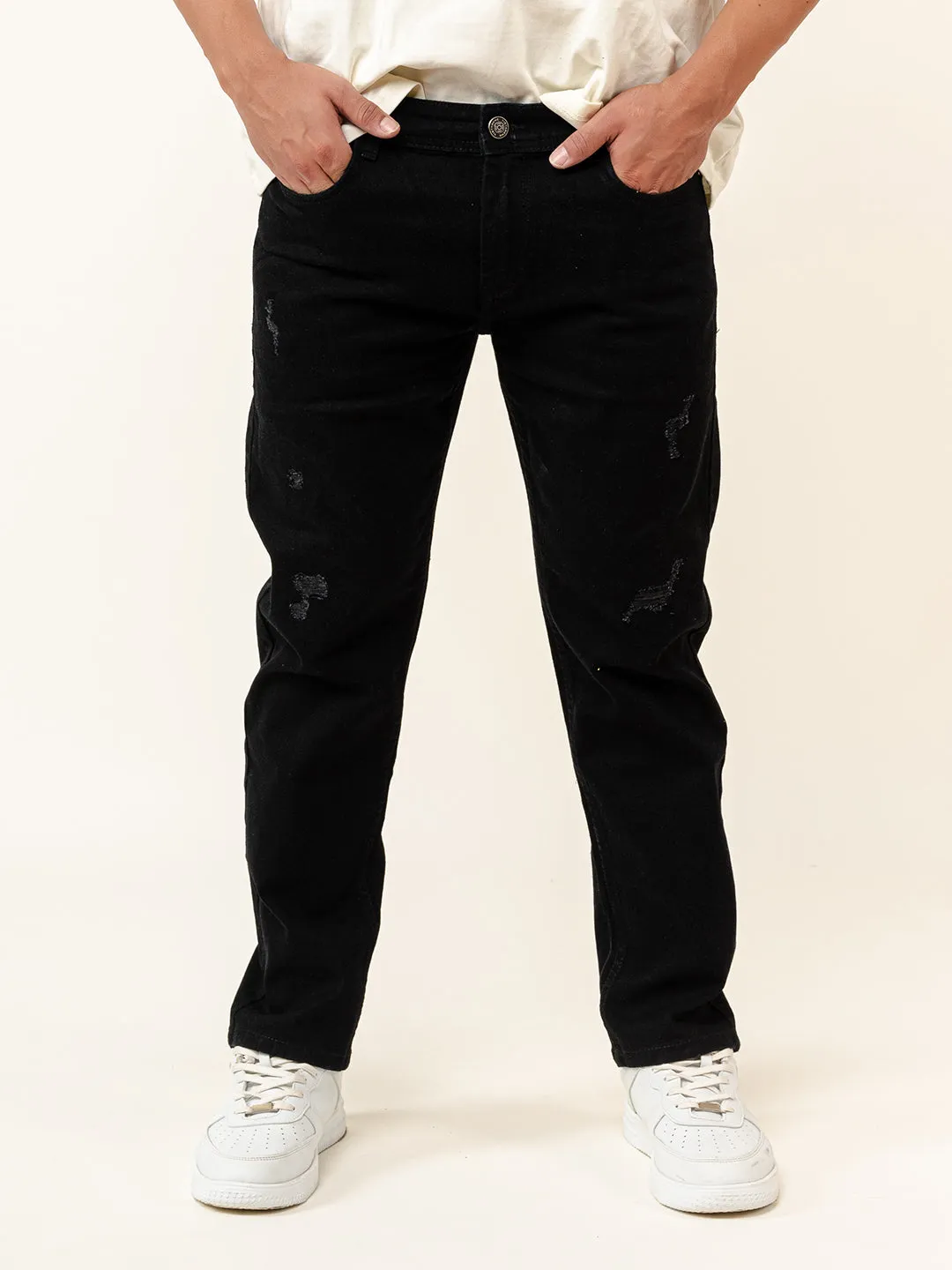 Black Distressed Loose Ankle Mens Jeans