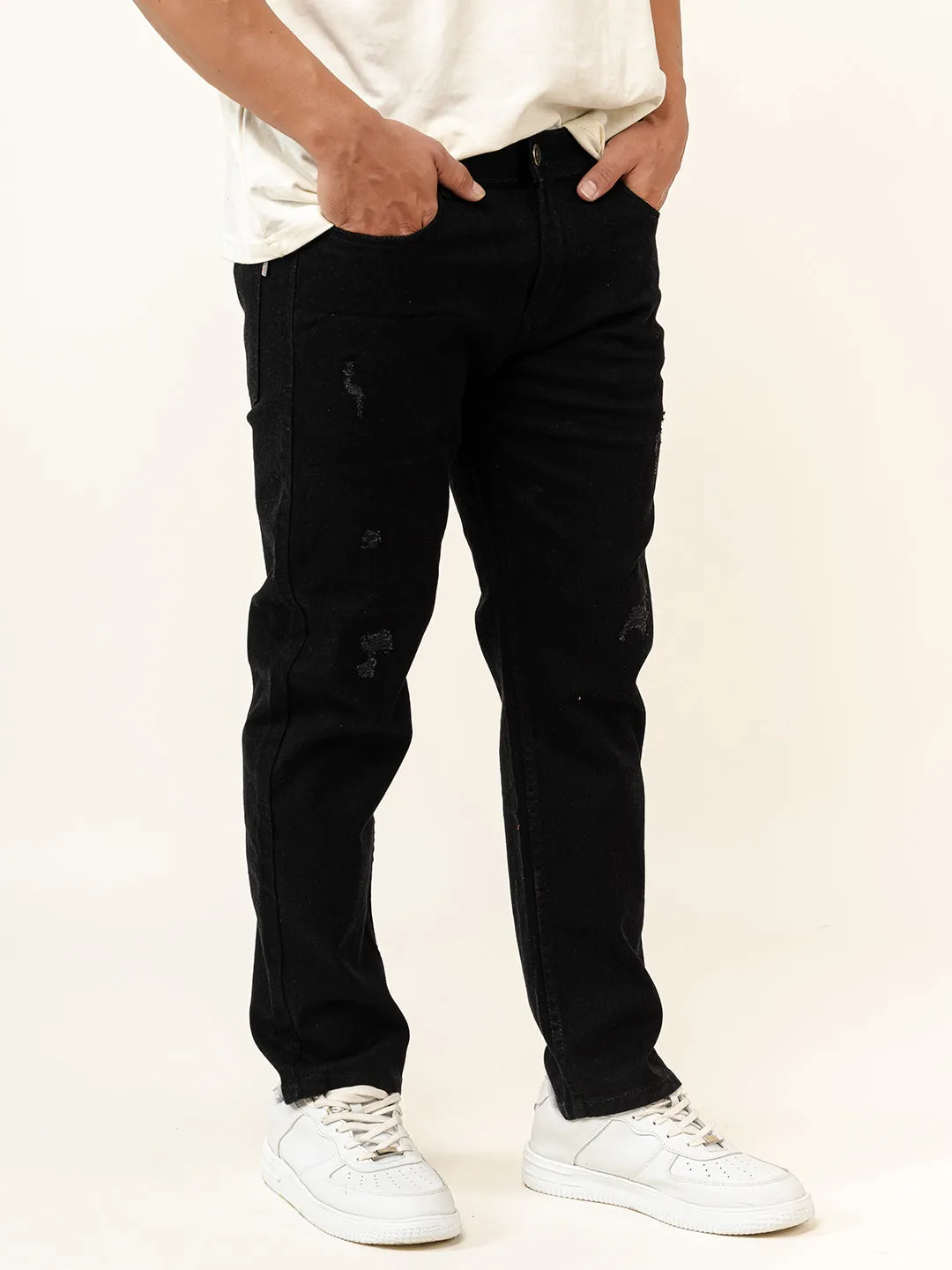 Black Distressed Loose Ankle Mens Jeans