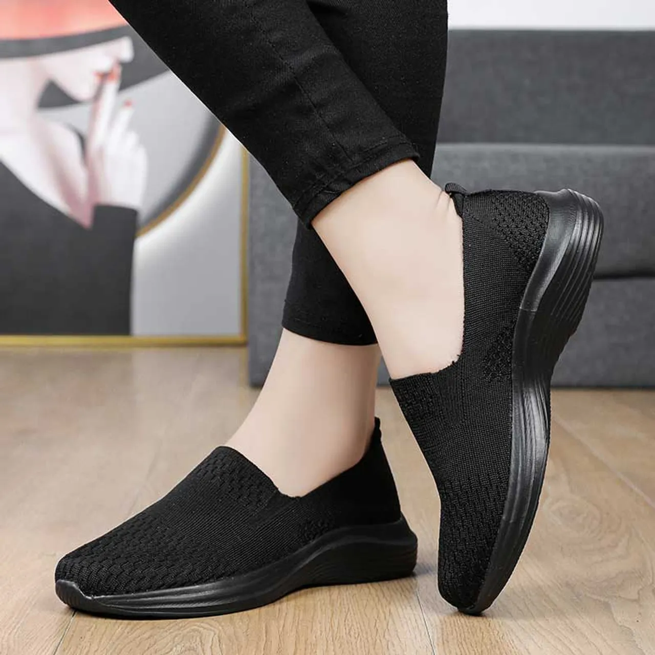 Black flyknit casual texture pattern slip on shoe sneaker