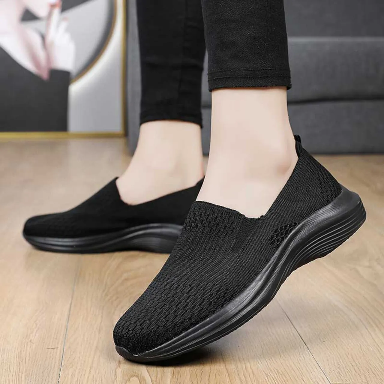 Black flyknit casual texture pattern slip on shoe sneaker