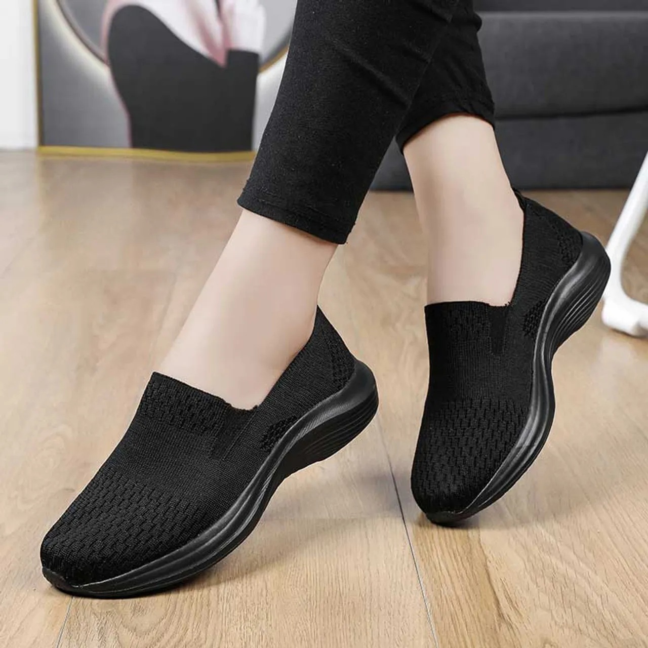 Black flyknit casual texture pattern slip on shoe sneaker