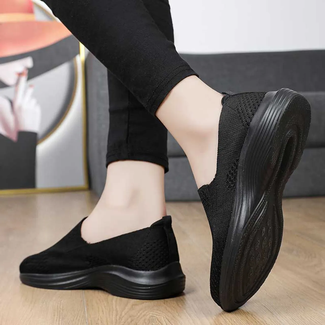 Black flyknit casual texture pattern slip on shoe sneaker