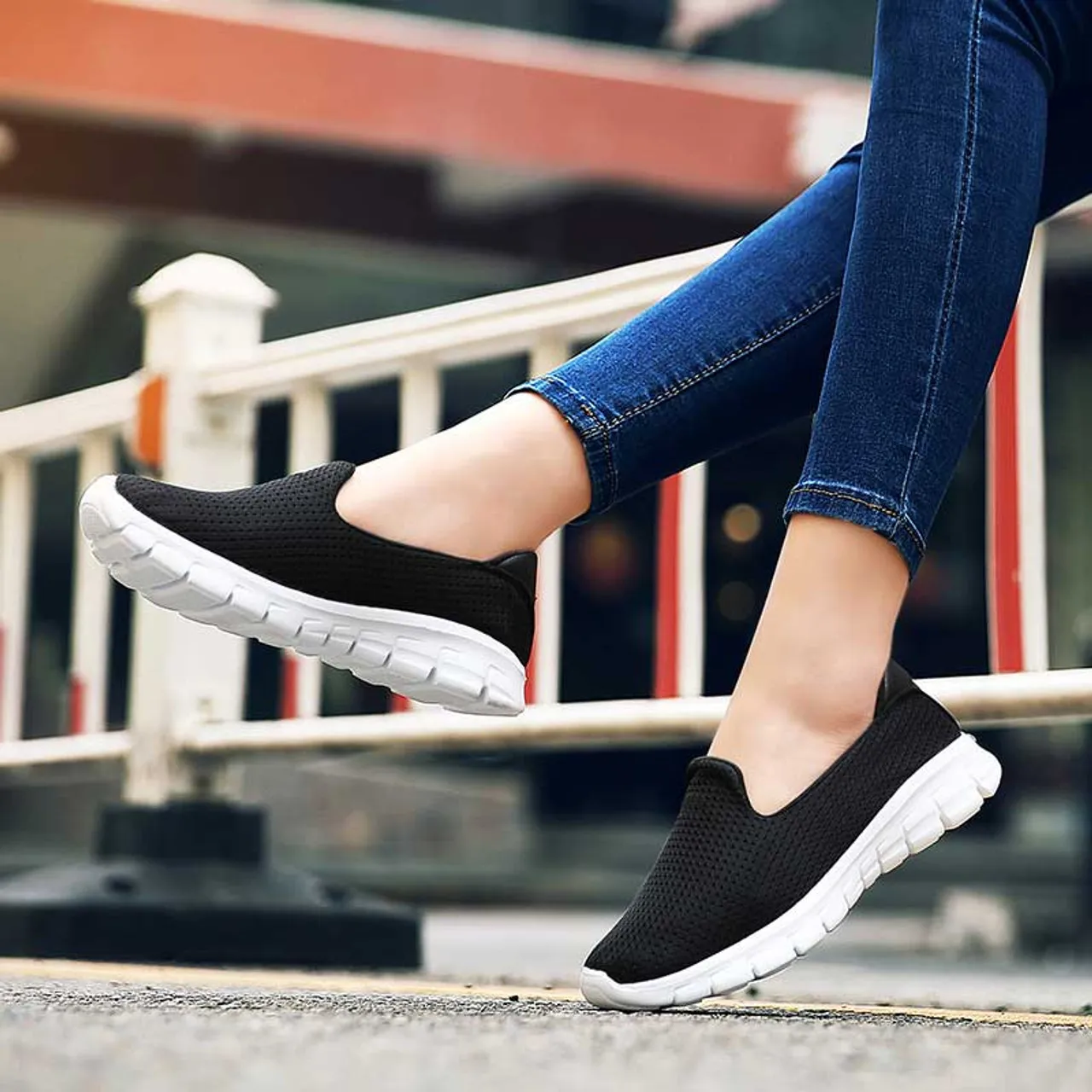 Black mesh plain casual slip on shoe sneaker