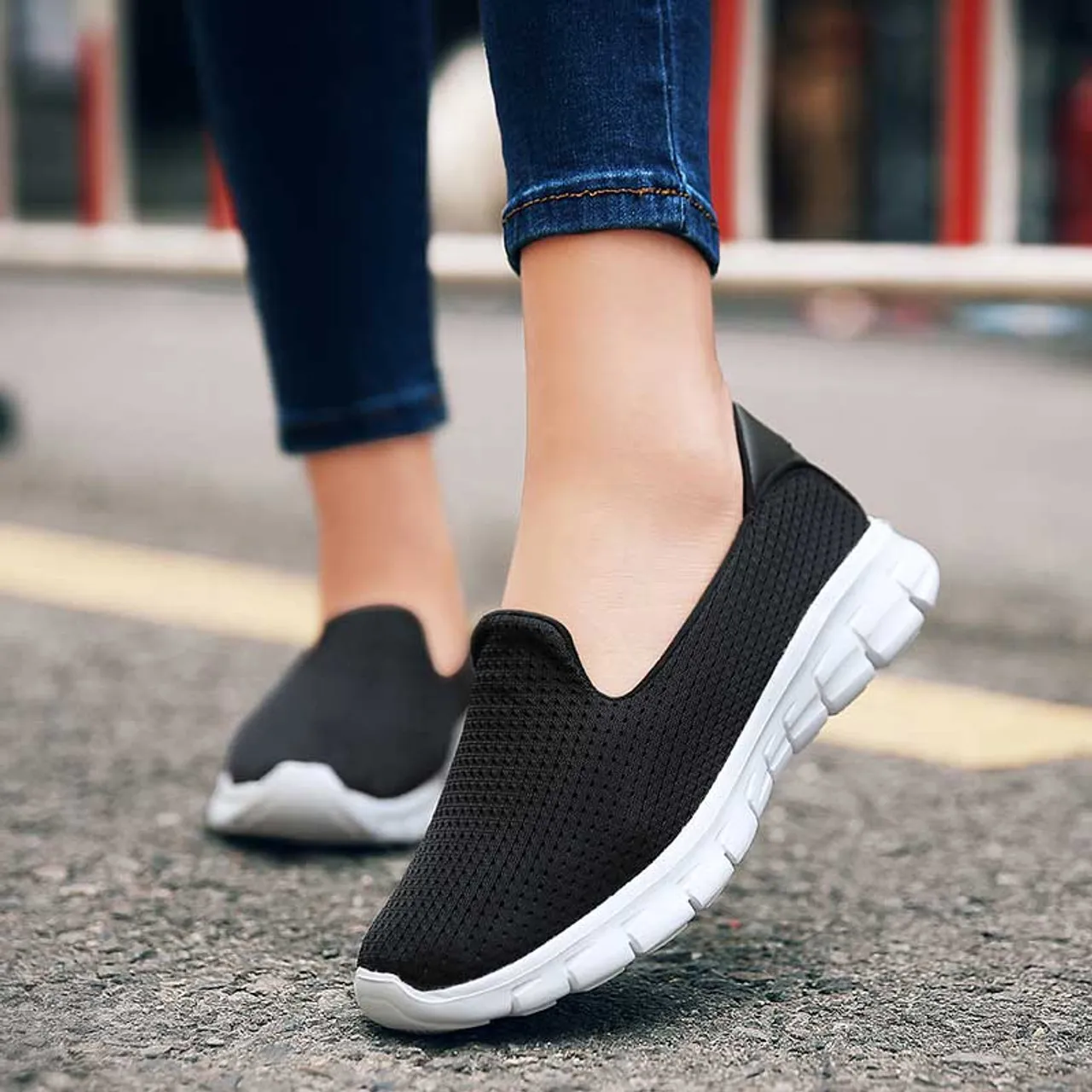 Black mesh plain casual slip on shoe sneaker