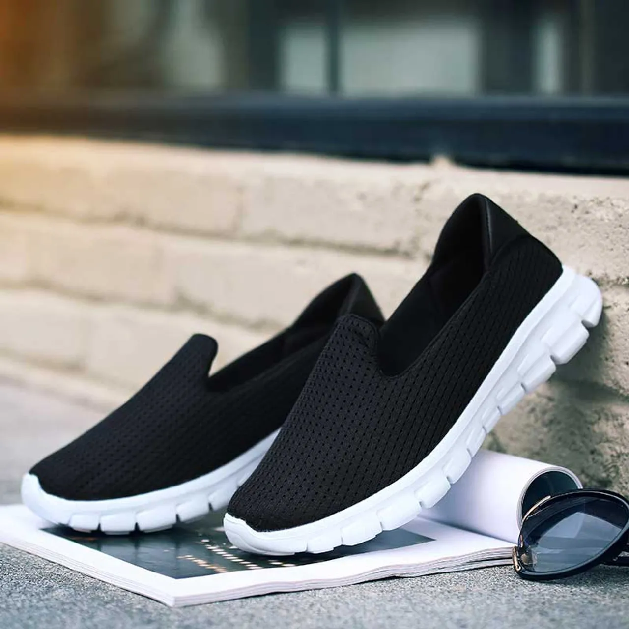 Black mesh plain casual slip on shoe sneaker