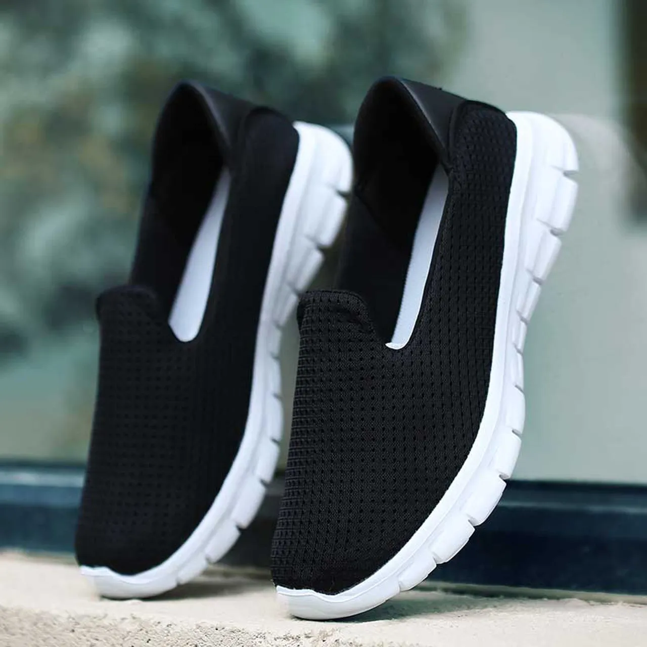 Black mesh plain casual slip on shoe sneaker