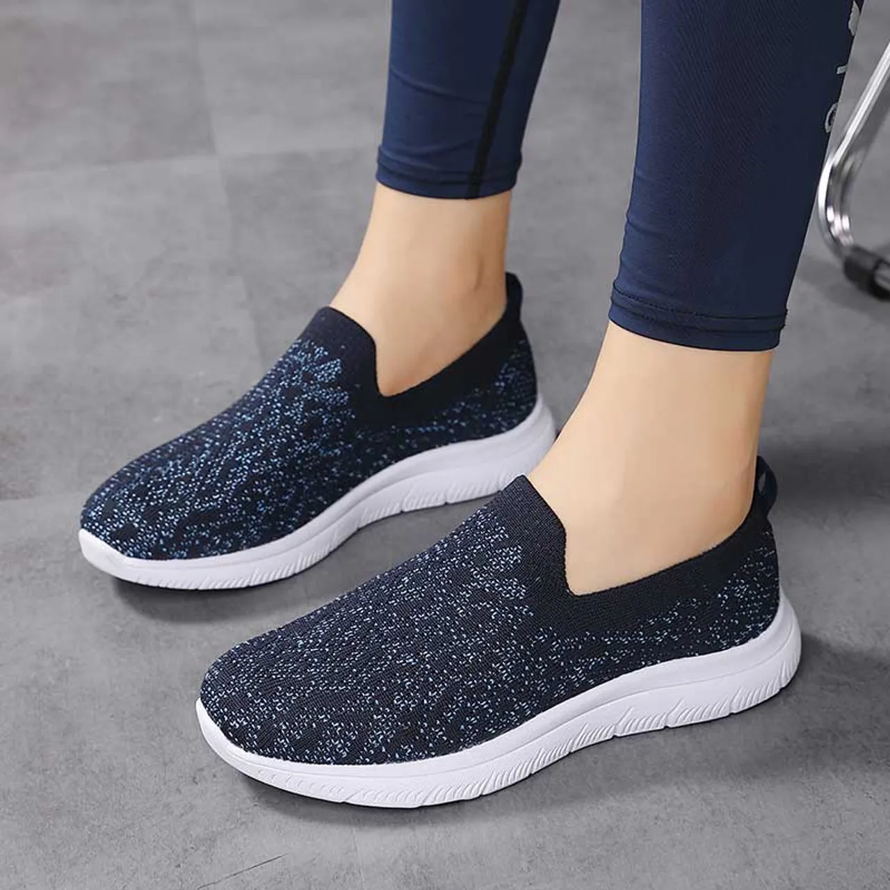 Black navy flyknit pattern texture casual slip on shoe sneaker