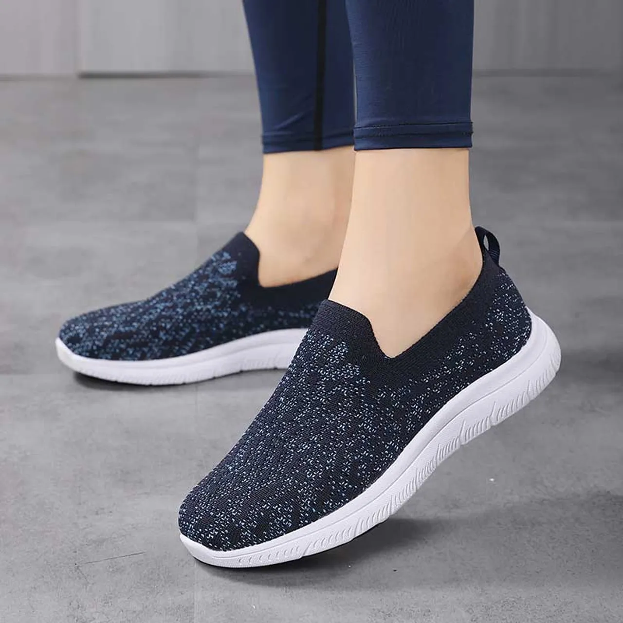 Black navy flyknit pattern texture casual slip on shoe sneaker