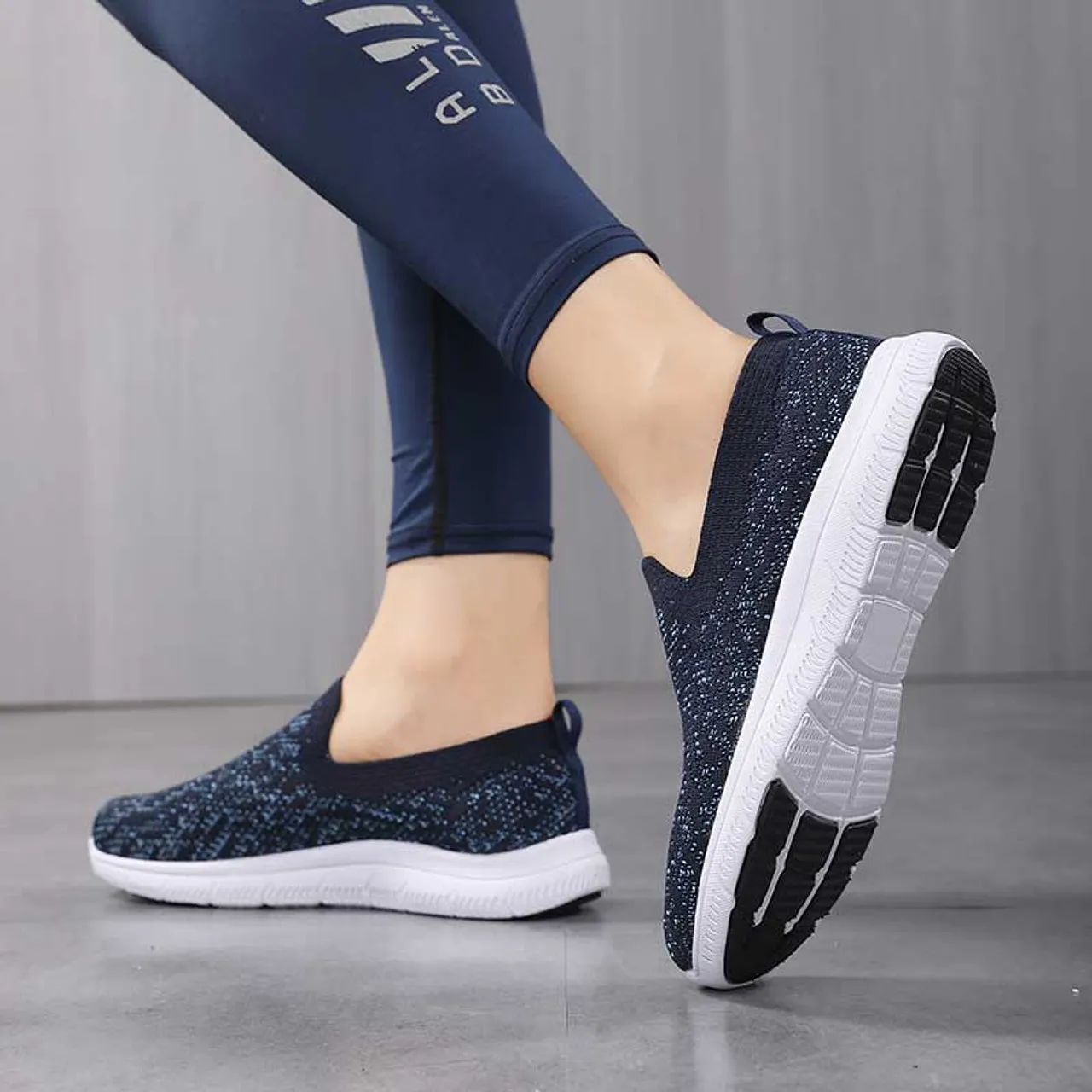 Black navy flyknit pattern texture casual slip on shoe sneaker