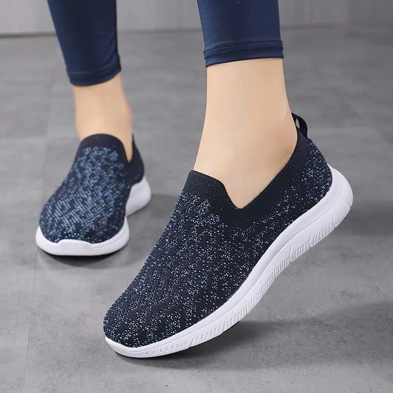 Black navy flyknit pattern texture casual slip on shoe sneaker