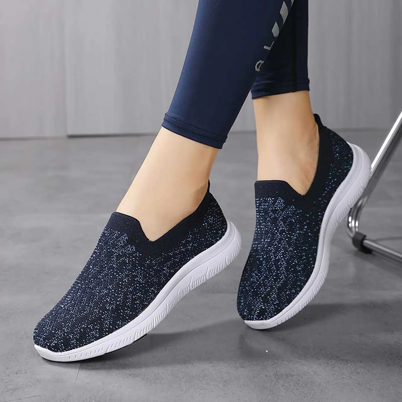 Black navy flyknit pattern texture casual slip on shoe sneaker