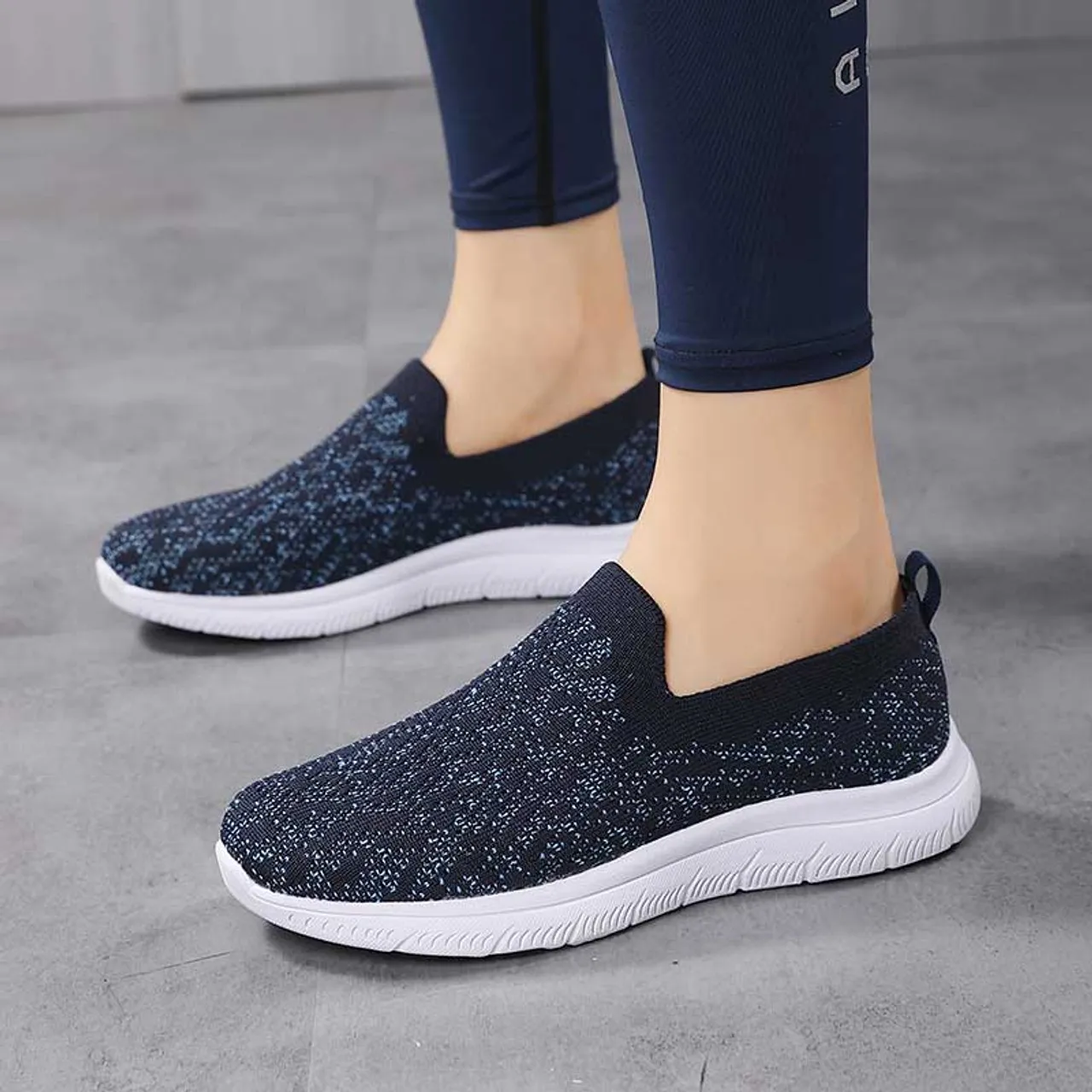 Black navy flyknit pattern texture casual slip on shoe sneaker