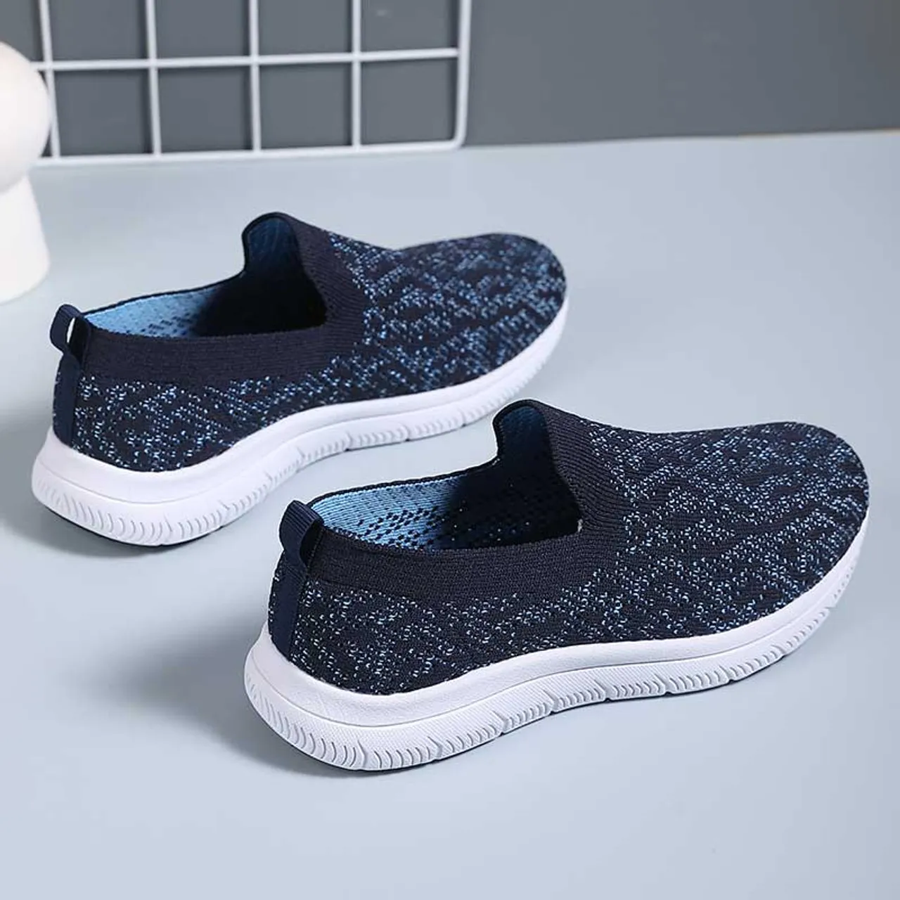 Black navy flyknit pattern texture casual slip on shoe sneaker