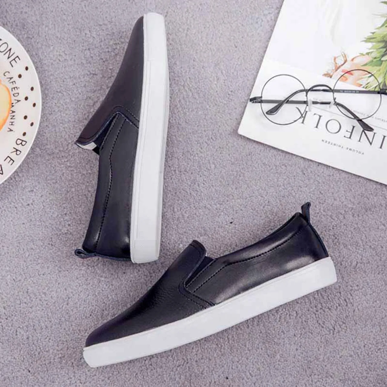 Black plain color casual slip on shoe sneaker