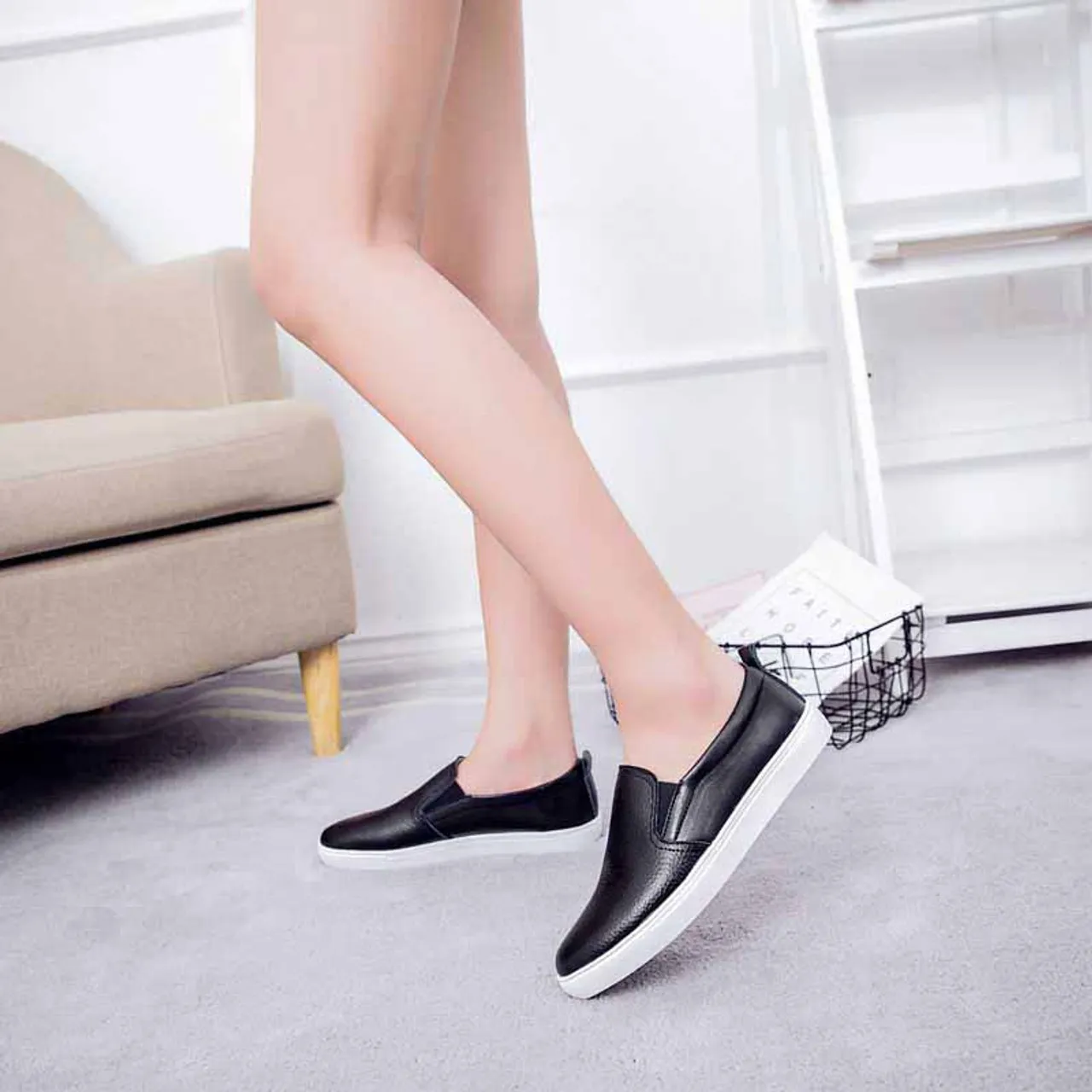 Black plain color casual slip on shoe sneaker