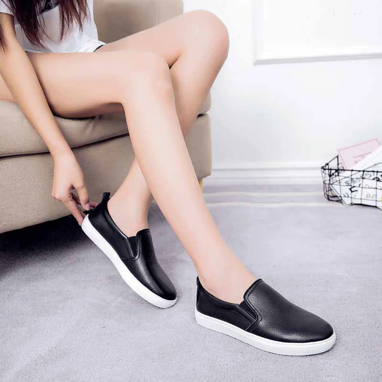 Black plain color casual slip on shoe sneaker