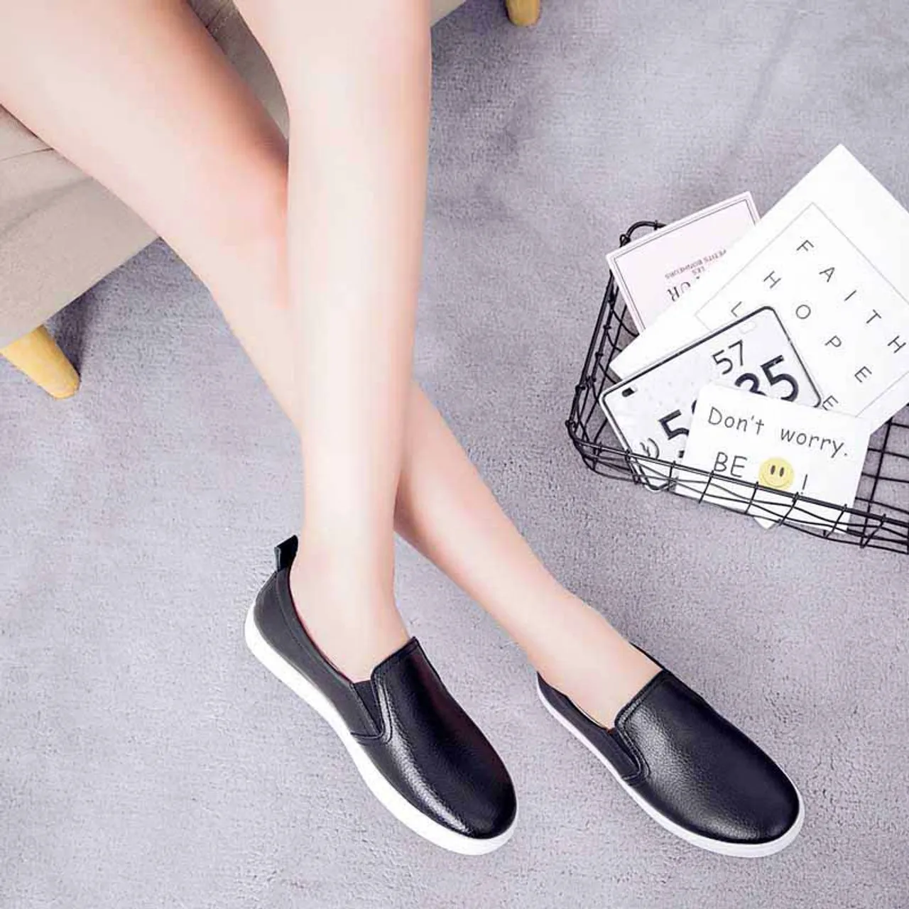 Black plain color casual slip on shoe sneaker