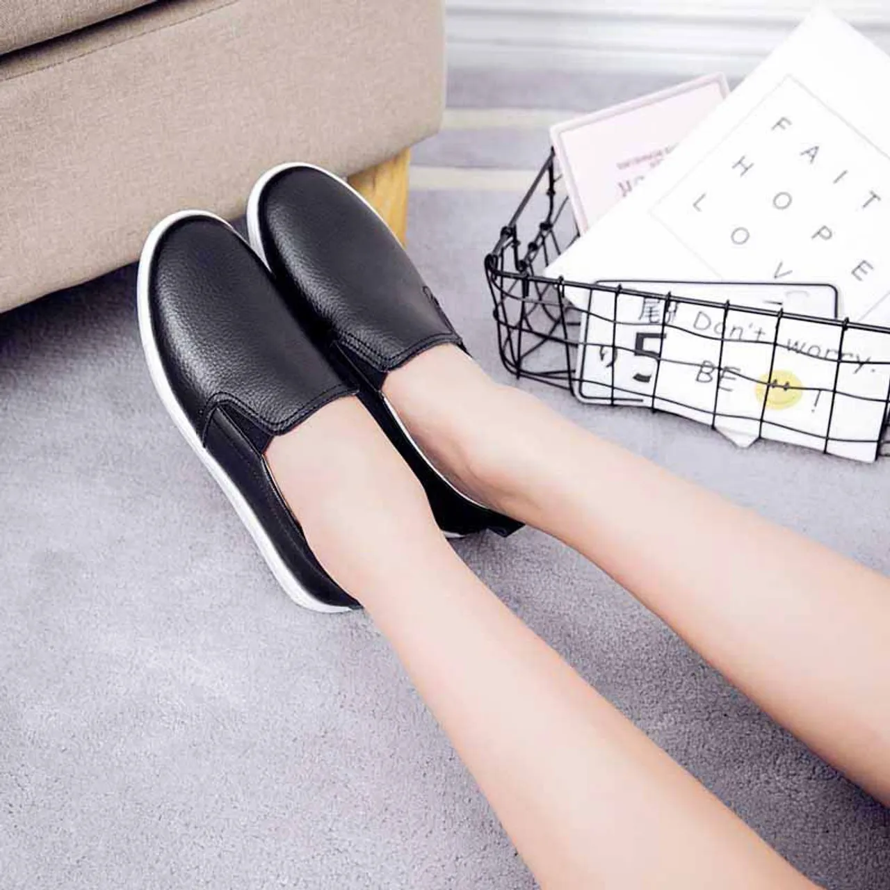 Black plain color casual slip on shoe sneaker