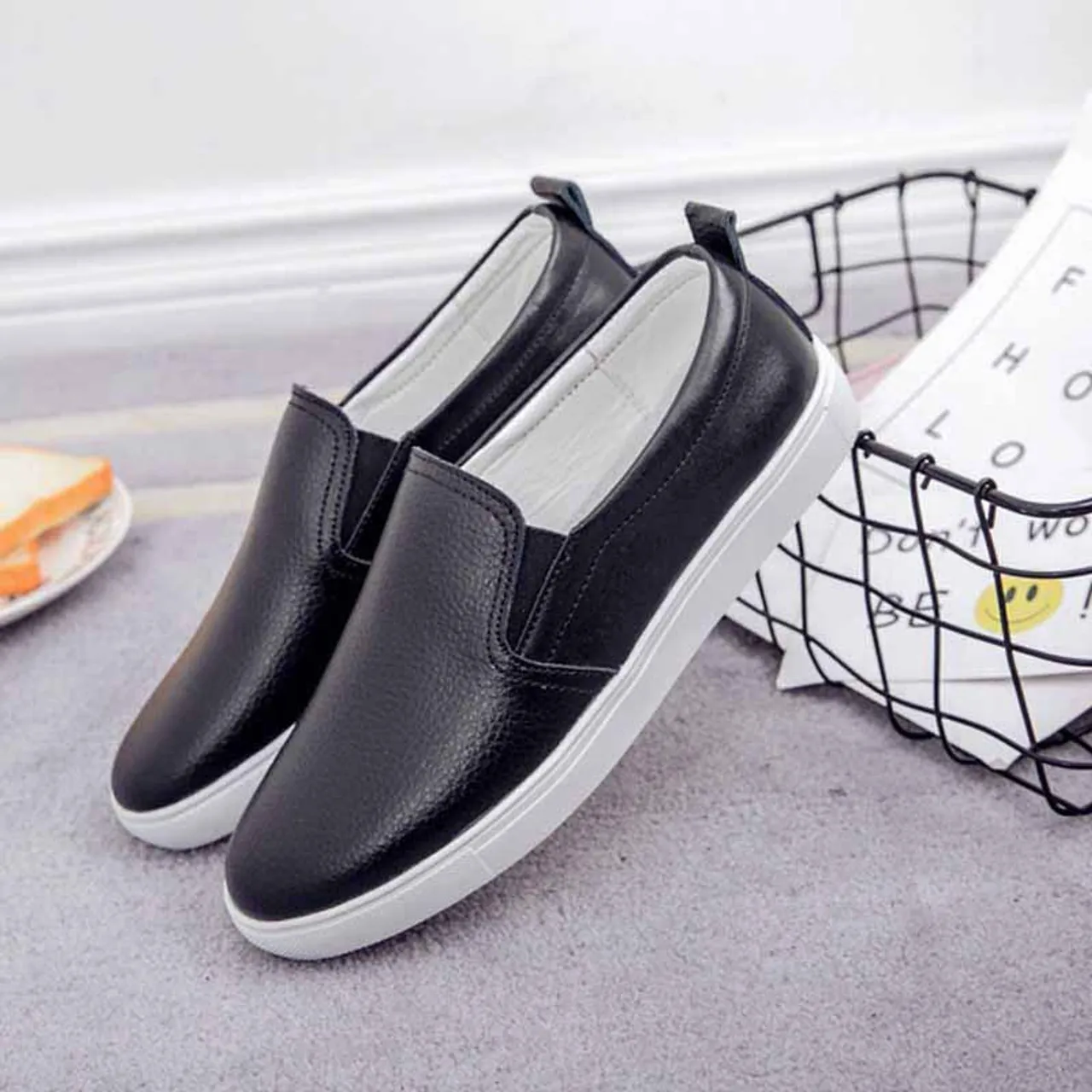 Black plain color casual slip on shoe sneaker