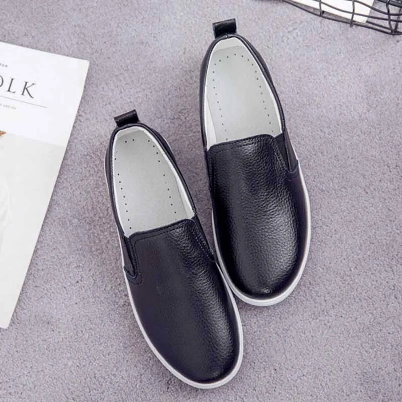 Black plain color casual slip on shoe sneaker