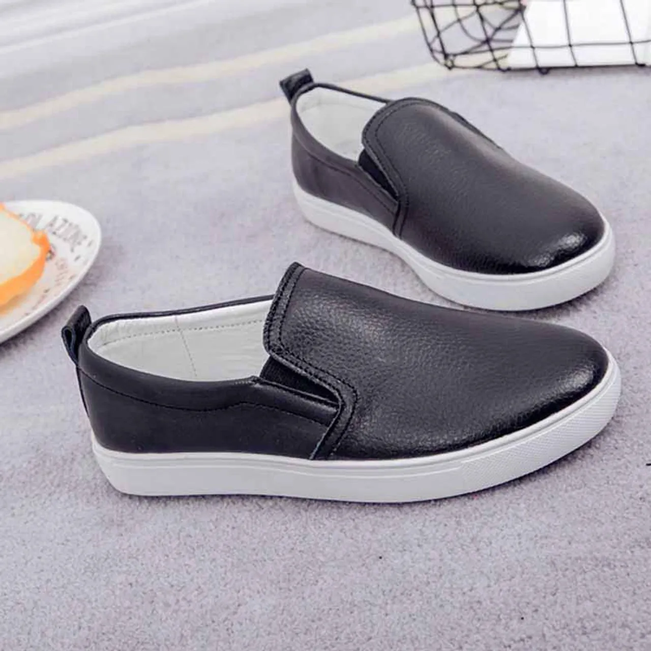 Black plain color casual slip on shoe sneaker