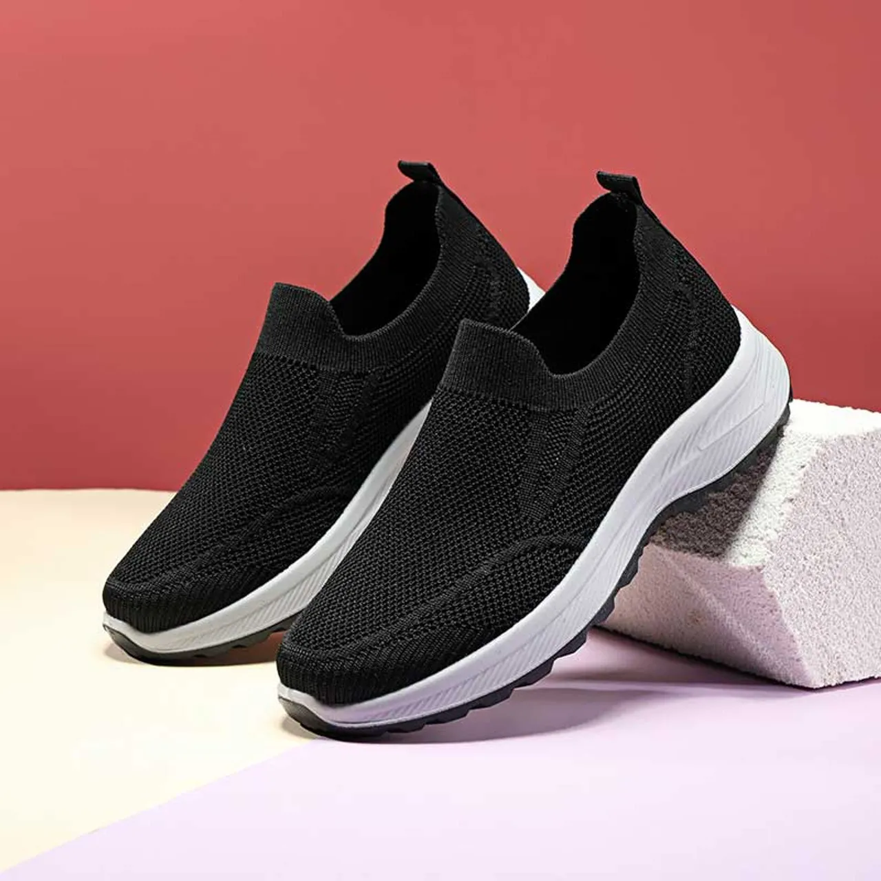 Black plain flyknit casual slip on shoe sneaker