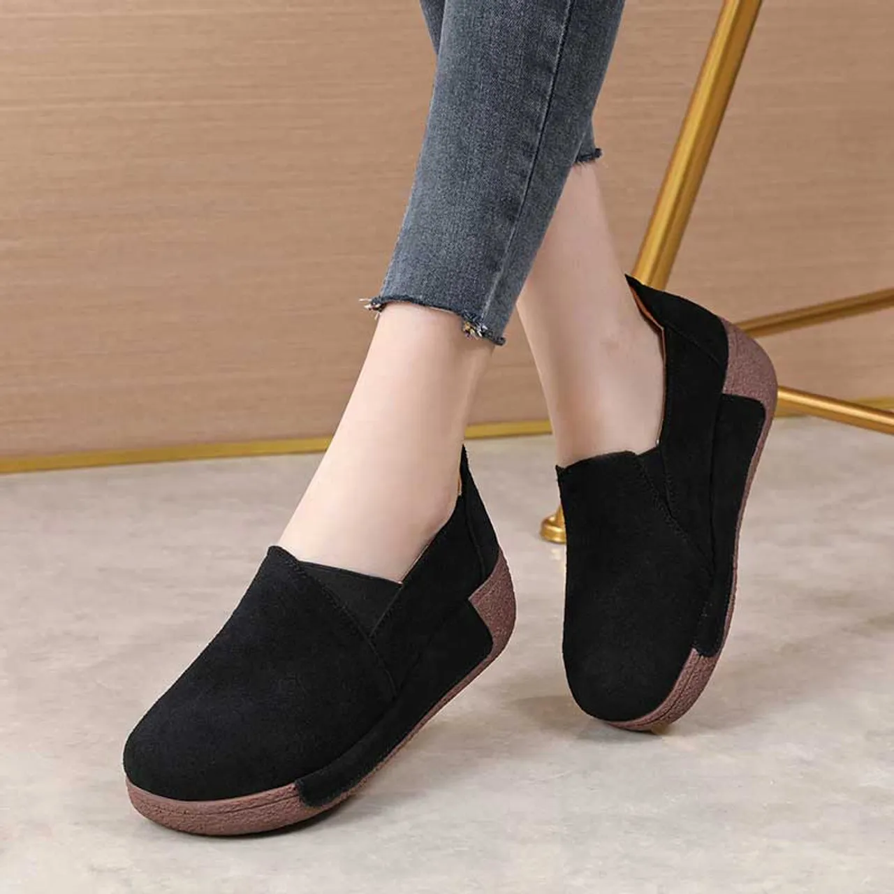 Black suede plain casual slip on rocker bottom sneaker