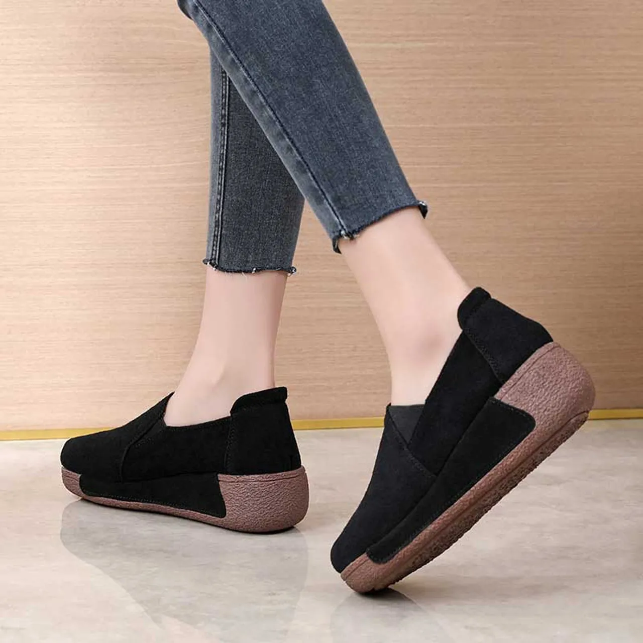 Black suede plain casual slip on rocker bottom sneaker